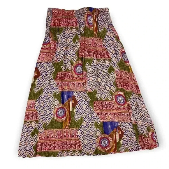 90's Black Island 2 PC Blouse Skirt Set Petite M Retro Pattern Elastic VTG - Picture 3 of 15